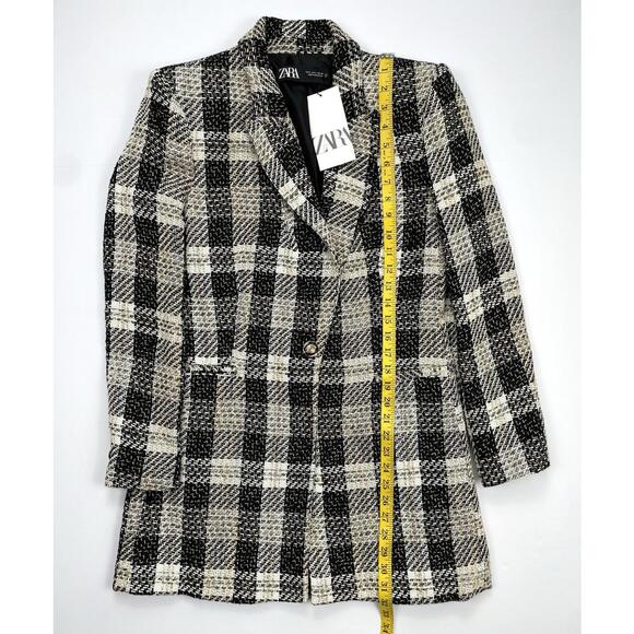 NWT ZARA Long Textured Check Blazer Ecru/Black 1 Button Closure Size Large - Picture 7 of 10
